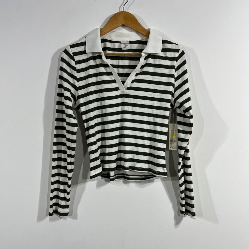 No Boundaries Fisherman Blokecore Granola Striped Ribbed Polo Shirt Womens Large